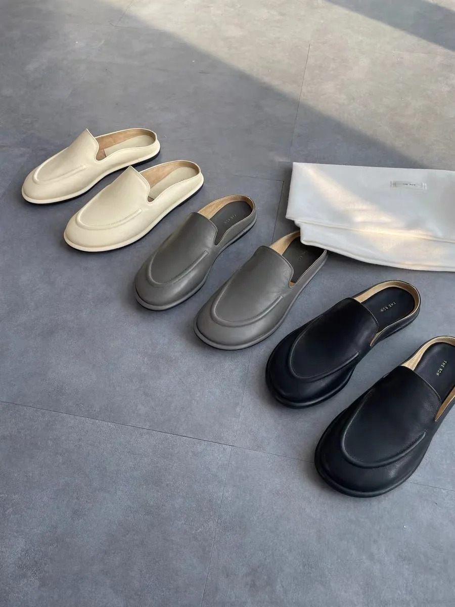 

Retro Concise Fashion Round Toe Loafers Flat Base Cowhide Women's Single Shoes