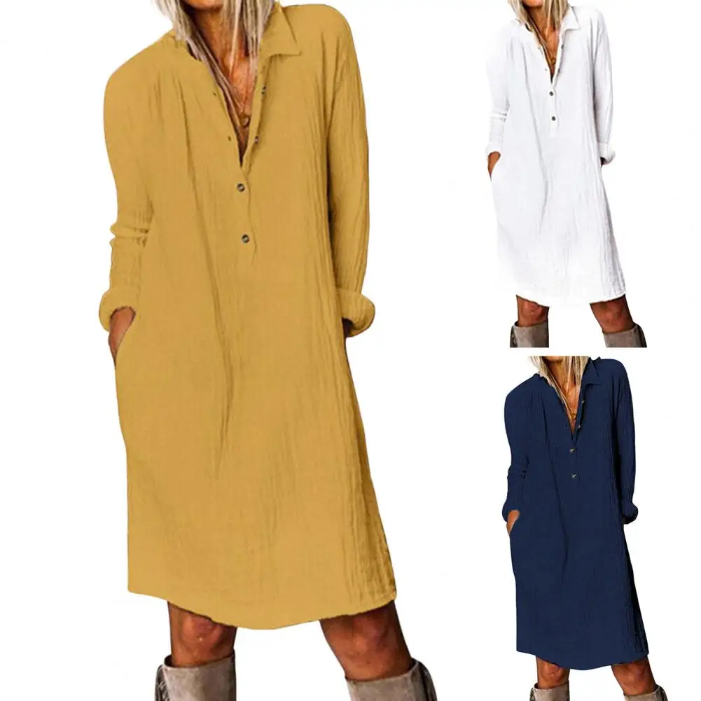 

Autumn Dress Long Sleeves Pullover Buttons Loose Breathable Half-Single Breasted Plus Size Pure Color Midi Dress Women Clothes