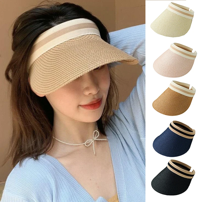 

2022 New Summer Lady Empty Top Sun Visor Hat Summer Straw Wide Brim Sun Caps UV Protection Hat For Men And Women Beach Hat