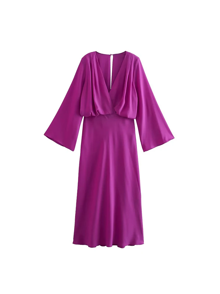 

Women's 2023 Spring New Casual Fashion chic V-neck Long Sleeve Slim Fit Solid Medium Length Double Flap Midi Dress Mujer