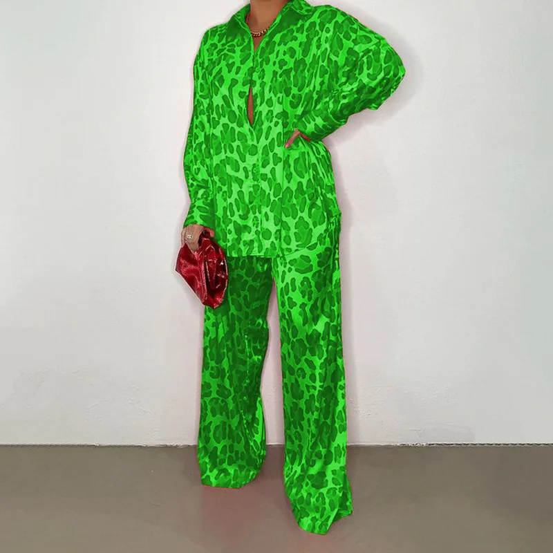 

Женский комплект из двух предметов, повседневный свободный костюм Леопардовый Атлас, однобортная рубашка с отложным воротником и длинным р...