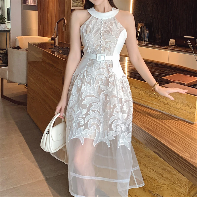 Halter Neck Solid Party Dresses for Women Clothing Summer 2022 Sleeveless Embroidery Lace Elegant High Waist Woman Dress Female