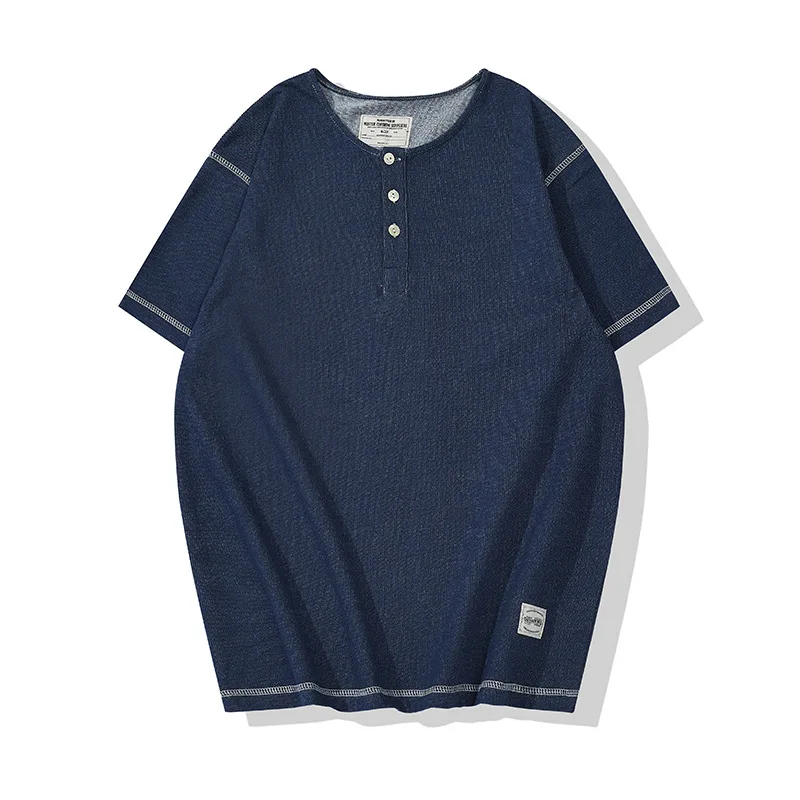 

OK2151 Summer Fashion Denim Blue Tees Men's Henley Collar Shirts Vintage Short Sleeve Cotton Knitting Basic Pullover Tops Male