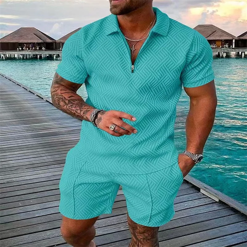 Men's POLO shirt fashion men's suit solid color summer V-neck zipper short sleeve polo shirt + shorts two-piece men's casual wea
