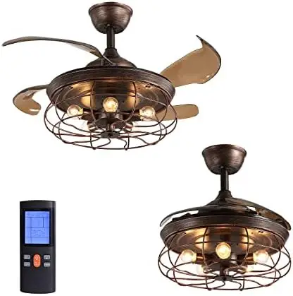 

Retractable Ceiling Fan with Lights Black Farmhouse Caged Ceiling Fan with Remote Controller Reversible Vintage Chandelier Fan L