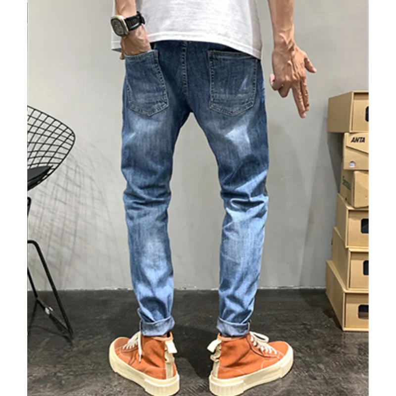 Streetwear Men 2022 New Pattern American Recreational Blue Pants Chaopai Small Trouser Leg Self-cultivation Jeans Autumn Female