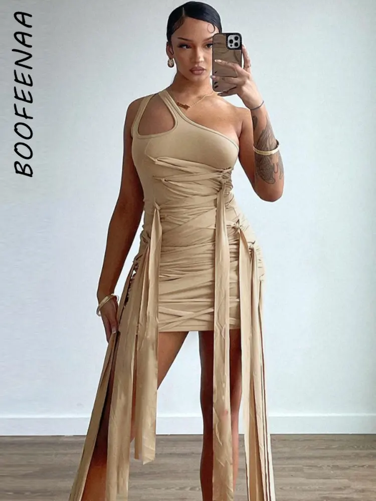 

Асимметричное Бандажное платье BOOFEENAA с бахромой, сексуальные летние облегающие короткие платья с вырезом на одно плечо для женщин, Клубная одежда
