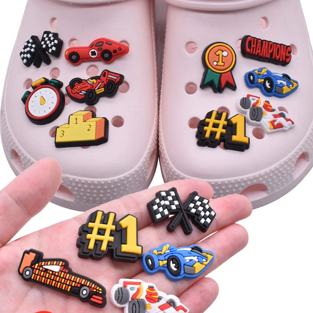

Wholesale 1pcs PVC Shoe Accessories for Crocs Charms Racing Car Women Sandals Buckle Kids Pins Decoration Jeans Boy Party Favors