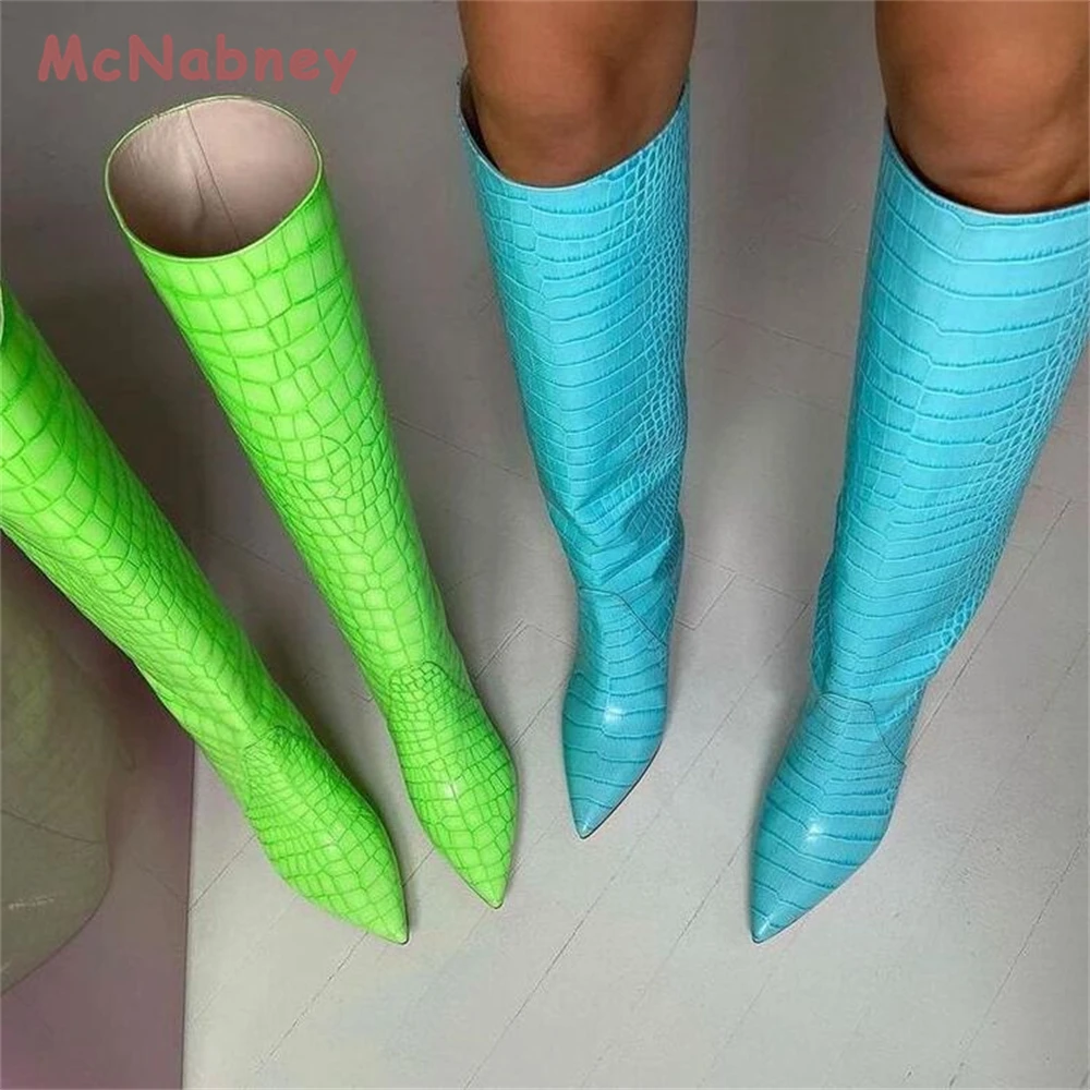 Women's Sexy Crocodile Knee Length Boots New Autumn and Winter High Heel Pointed Women's Stiletto Snake Pattern Long Boots