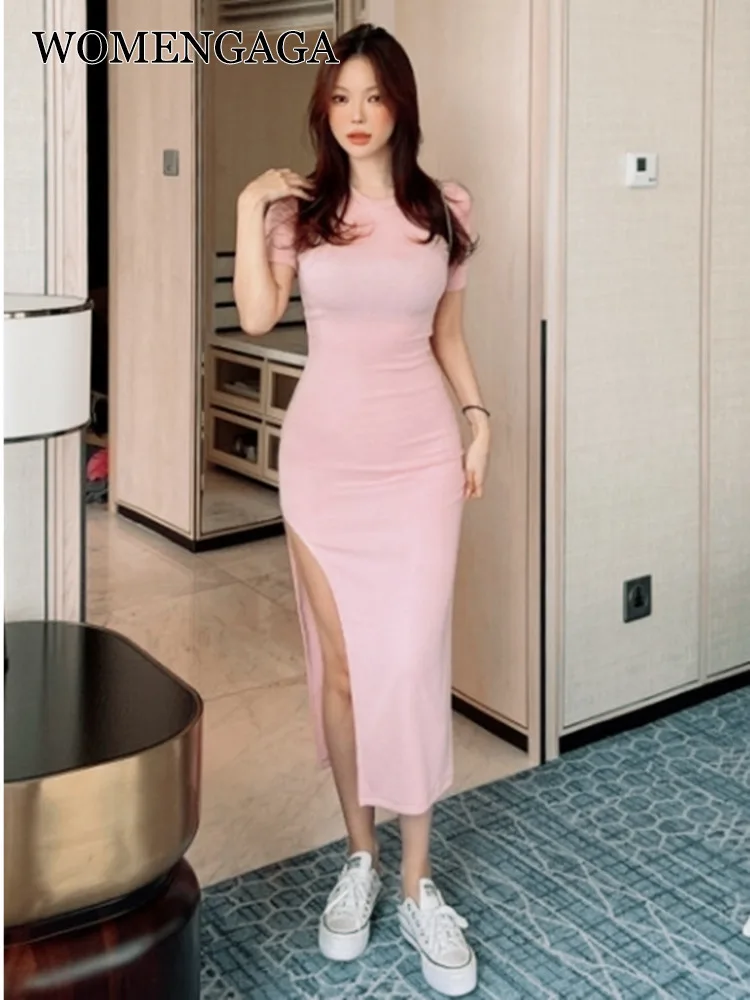 

WOMENGAGA Korea 2022 Spring Summer New Slim Sexy Round Neck Shows Body Side Slit Long Maxi Dress Hot Sexy Robe Sweet 05B0
