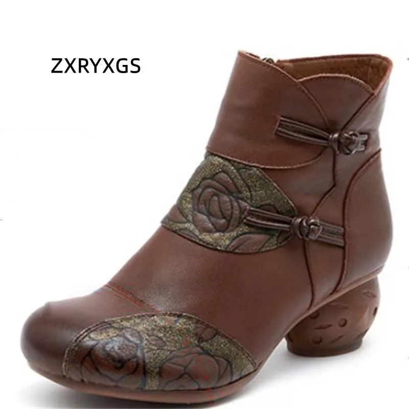 

2022 Autumn Classic Printing Retro Boots Premium Genuine Leather Boots Fashion Wild Side Zip Roman Boots Winter Shoes High Heel