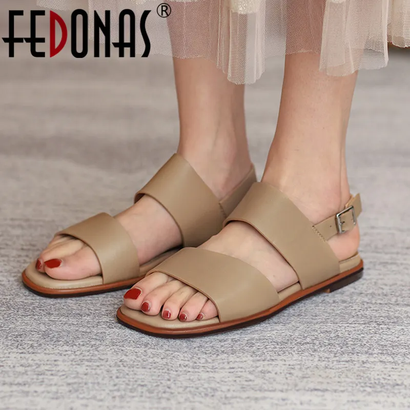 

FEDONAS 2022 Fashion Concise Women Flats Shoes Summer Casual Genuine Leather Sandals Brand Design High Quality Shoes Woman New