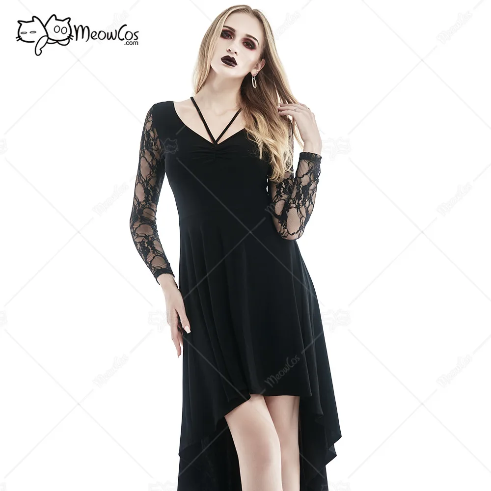 

Steampunk Evil Witch Costume Vintage Goth Style Black Spandex Back Spider Pattern Irregular Hem Lace Sheer Sleeves Dress