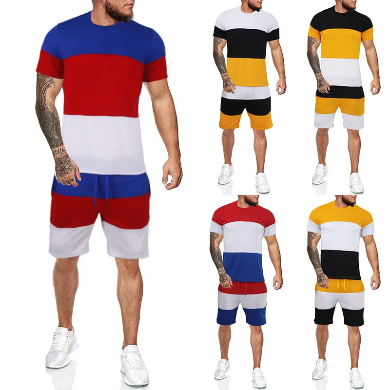 

Summer Men's Patchwork Casual Outfit Fashion O-Neck Short Sleeve T-Shirt and Drawstring Sports Running Shorts Set M--3XL