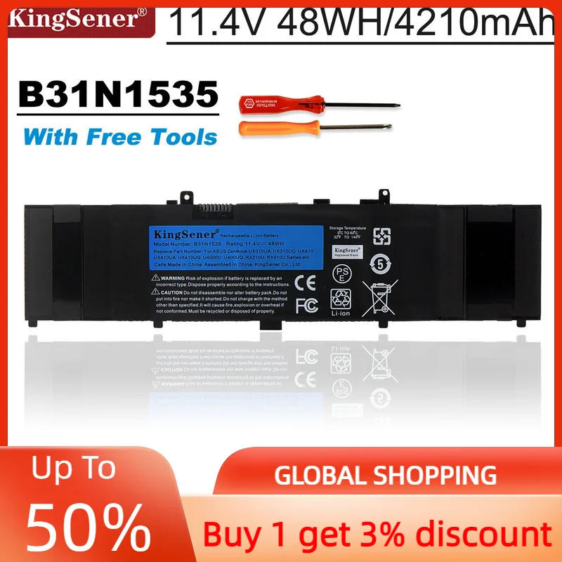 KingSener B31N1535 Аккумулятор для ноутбука ASUS ZenBook UX310 UX310UA UX310UQ UX410 UX410U UX410UA UX410UQ U4000U U400UQ RX310U 48WH