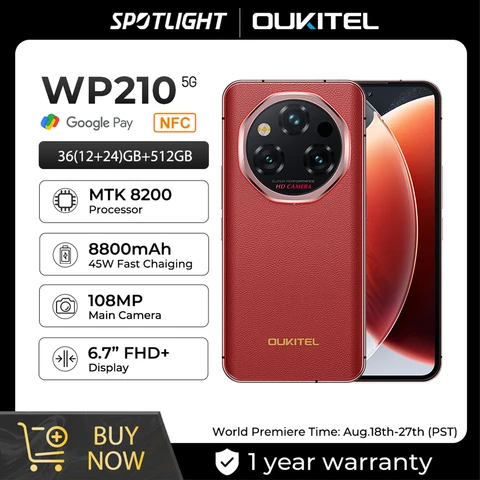 OUKITEL WP210 прочный телефон-MTK 8200, 36 ГБ+512 ГБ, 8800 мАч 45 Вт, 6,7" FHD+, NFC, 108mp Android15 5G смартфон