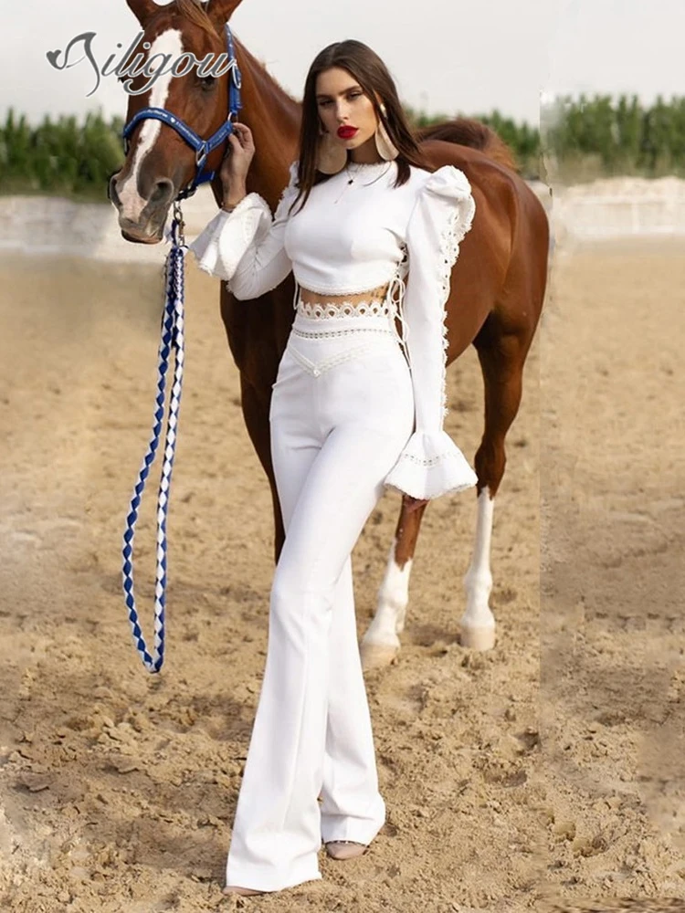 

Ailigou 2022 Summer New Women's Bandage Set 2 Piece Long Sleeve Tights and Flared Pants Sexy Celebrity Party Sheath Vestidos