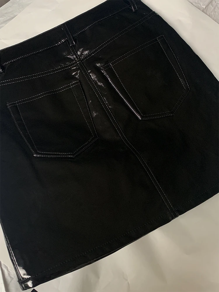 Lautaro Лето Осень Черная Светоотражающая Блестящая Юбка Из Лакированной Кожи