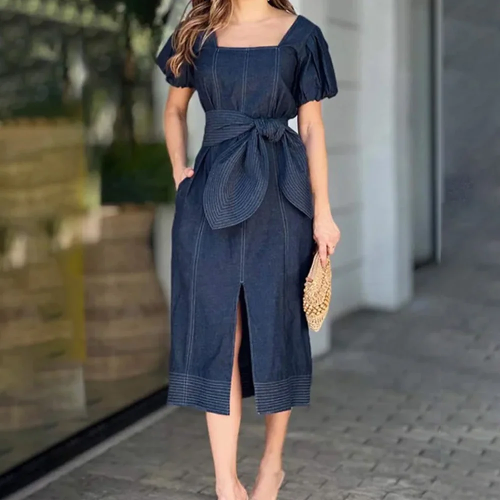 

Summer Striped Strap Waist Tight Over-the-knee Skirt Fashion Street Casual Plus Size Long Skirt Elegant Blue Denim Dress Women