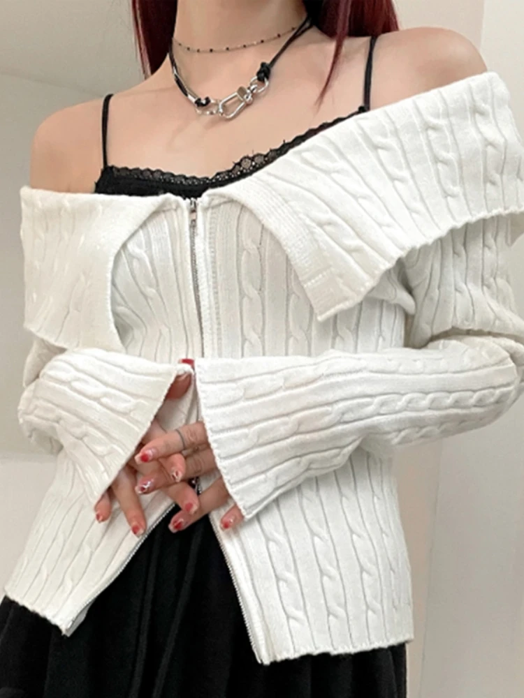 

Korobov Zipper Design Off-shoulder Flanging Knitting Crop Cardigan Female Twist Solid Sweater Korean Fashion Sueters De Mujer