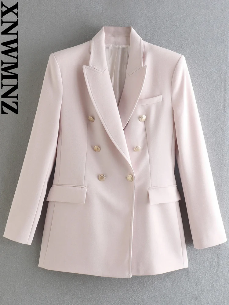 

XNWMNZ women Fashion long double-breasted button lapel collar long sleeve blazer or office lady high waist wide-leg trousers