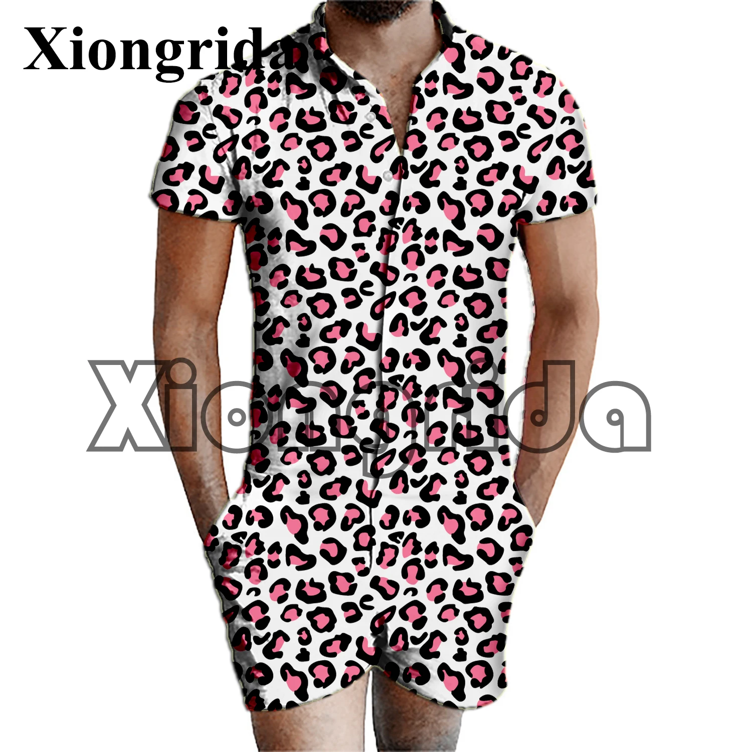 

Men Jumpsuits Leopard Print Rompers Shorts Fashion 3D Playsuit Overalls Casual One Piece Shorts Beach Wear Summer Outfits
