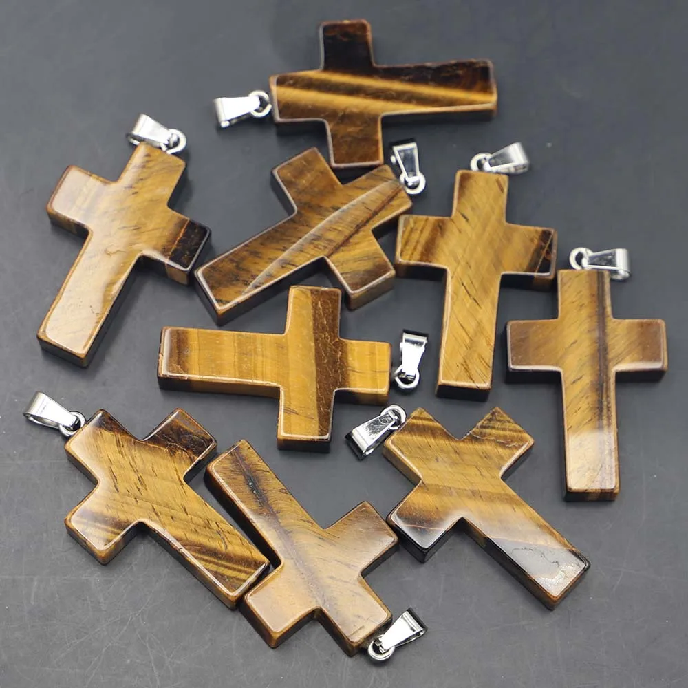 Natural Tiger's Eye Stone Crystal Cross Shape Pendants Necklaces Healing Chakra Fashion Reiki Charms Jewelry Making Earring 8Pcs