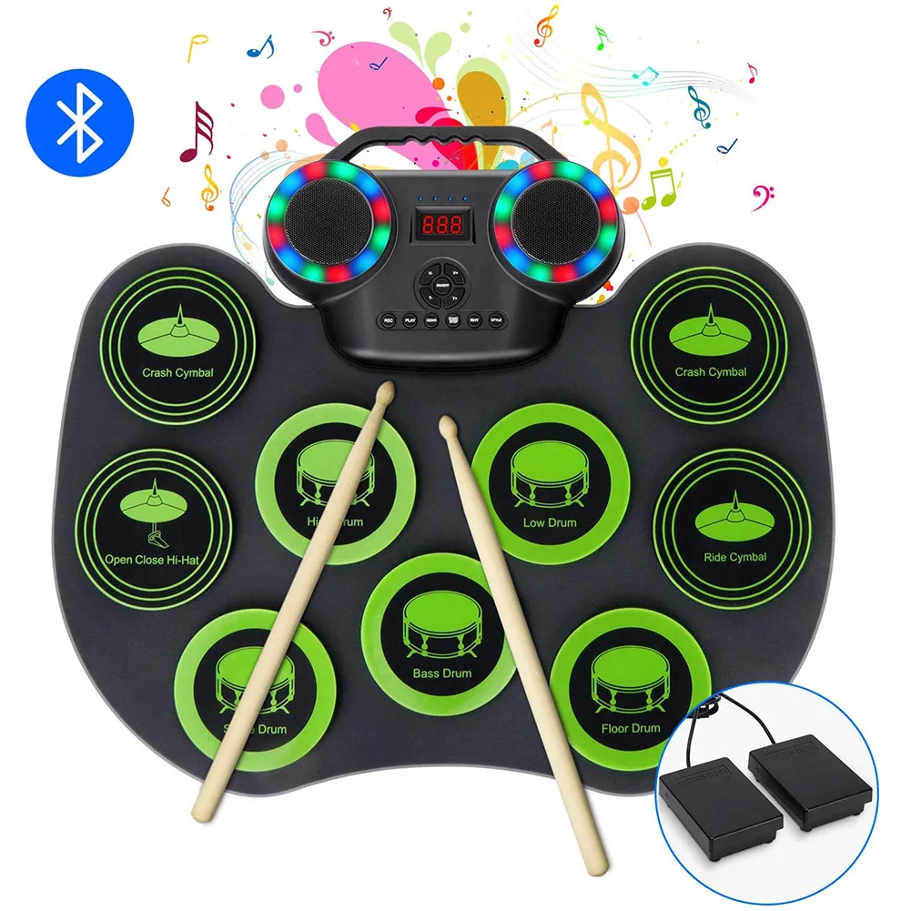 

Digital Electronic Drum Kit Roll Up Silicon Drum Set 9 Pads With Foot Pedals Drum Sticks Foot Pedals Dual Built-in Speakers