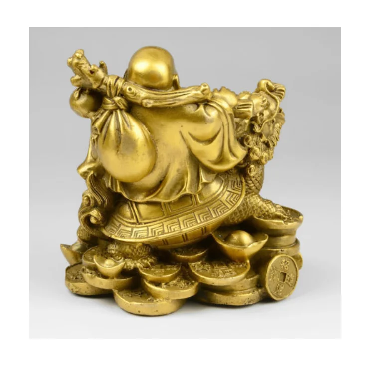 

11CM Exquisite Copper Wealth Money Happy Laugh Maitreya Buddha Dragon Turtle Statue
