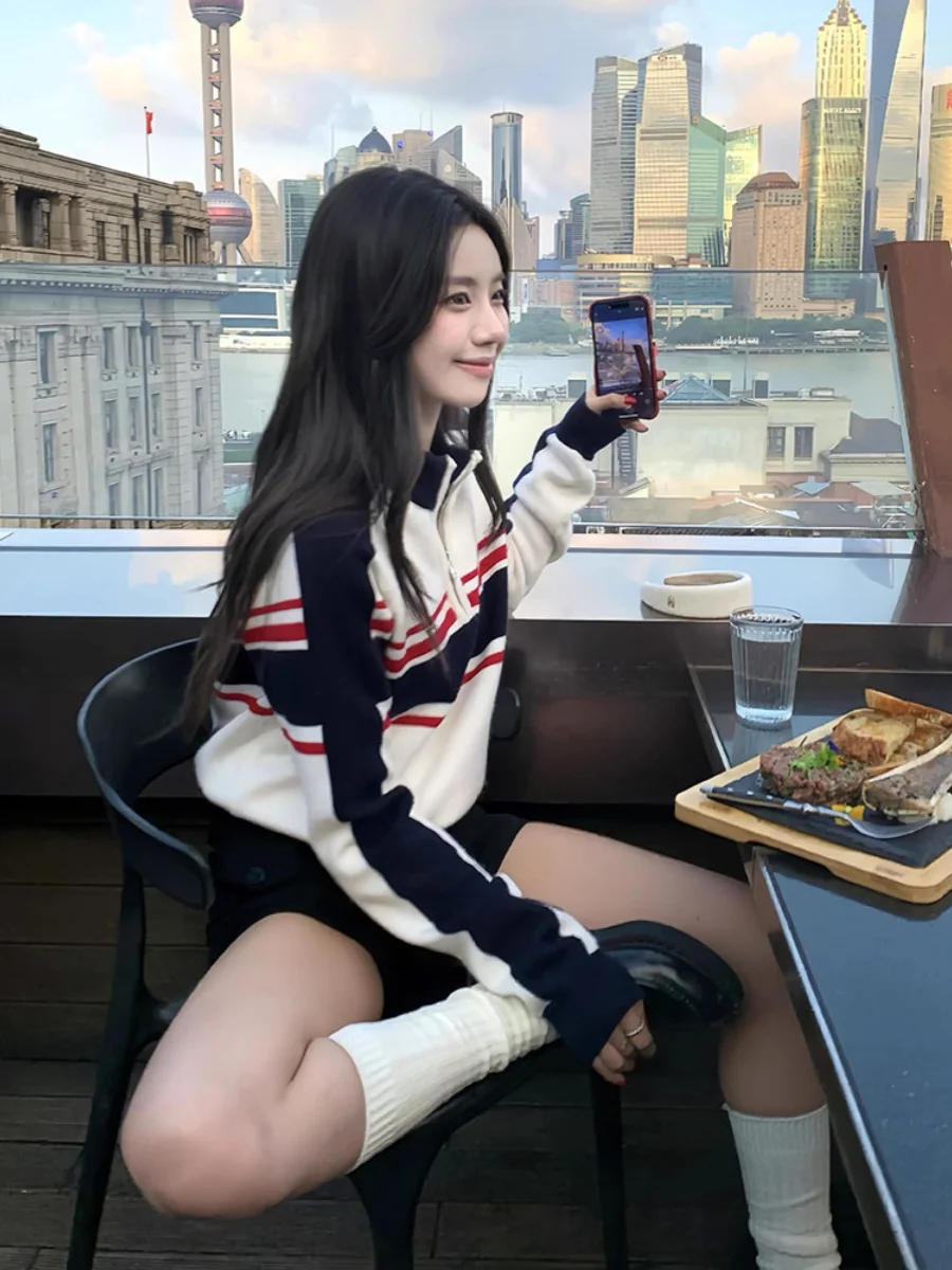 Американский винтажный вязаный женский осенний топ на половину молнии