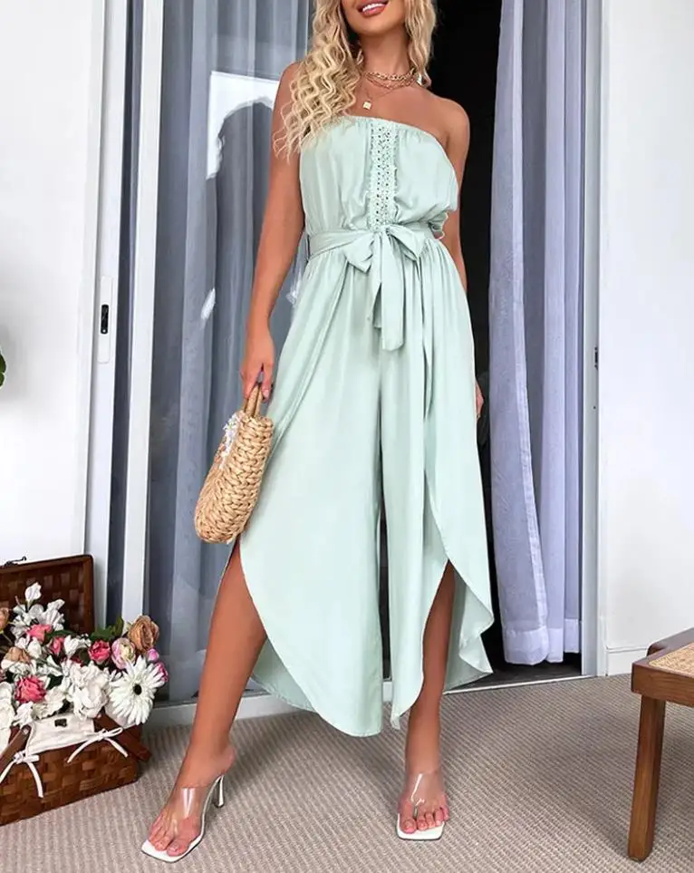 

Jumpsuit Women 2022 Summer Flowy Bandeau Lace Patch Slit Wide Leg Pants Jumpsuit Casual Loose Sleeveless Resort Beach Playsuit