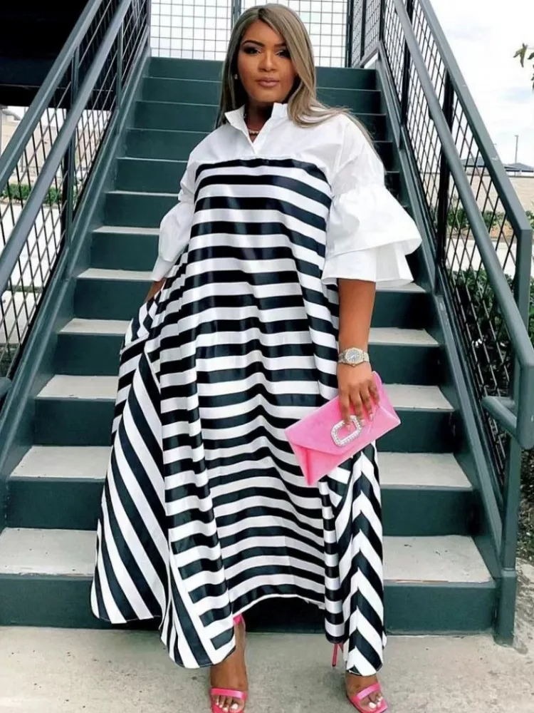 

African Dresses for Women Stripe Print Long New Fashion African Maxi Dress Muslim Fashion Abaya Dress 2022 Africa Clothing