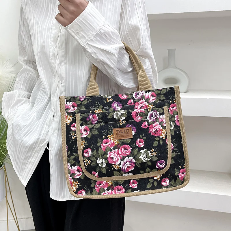 New Fashion Canvas Flower Print Handbag Work Carrng Commuter Lunch Box Bag Large Capaci Outing Mummy