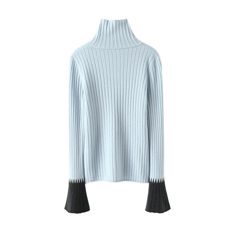 Женский свитер с высоким воротом синий контрастный цвет длинный