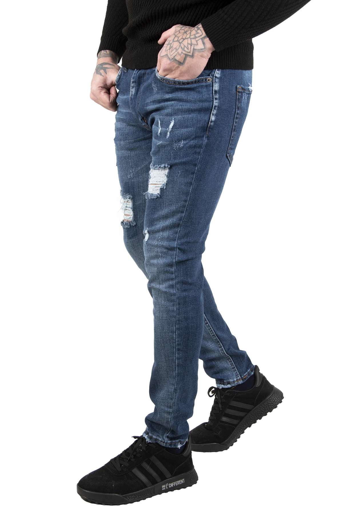 DeepSEA Taşlamalı Yırtıklı Laser Cut Slim Fit Men 'S Jeans Pants 2200101
