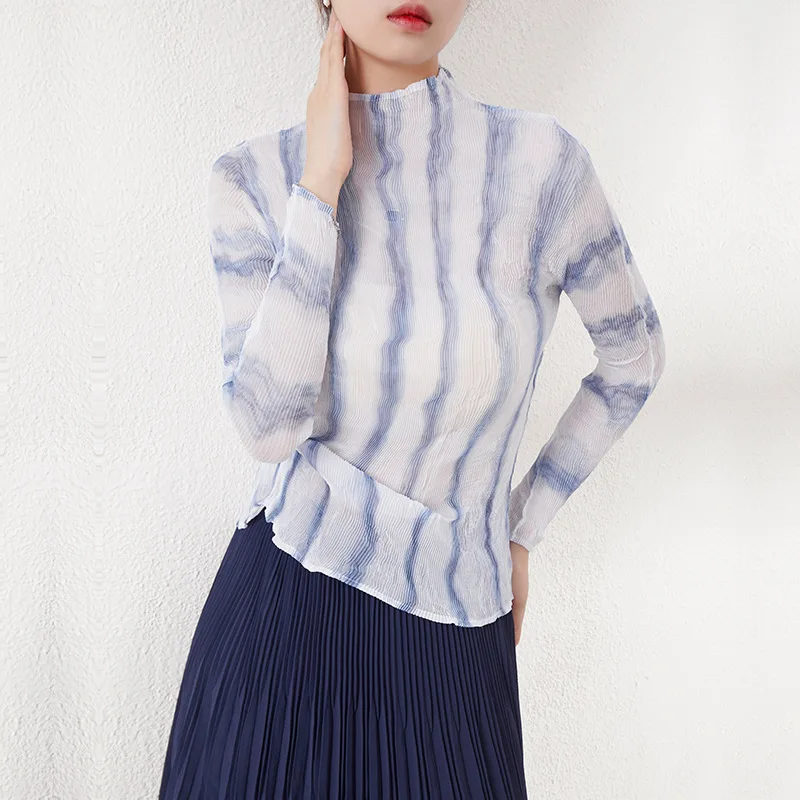 Miyake pleated spring and autumn round neck long sleeve striped pleated temperament commuter blue fashion pullover women's