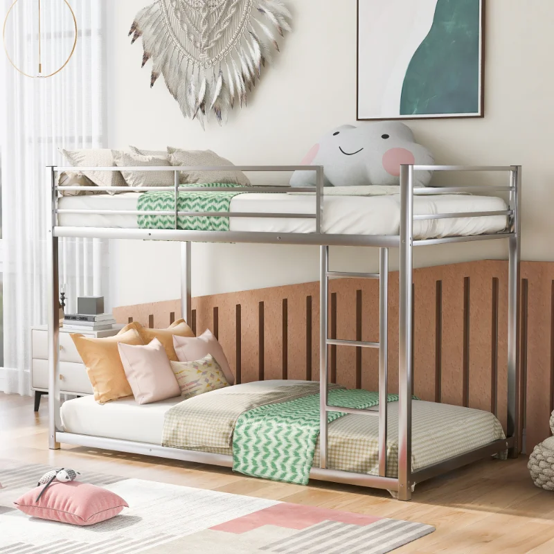 

Twin Over Twin Metal Bunk Bed\ Low Bunk Bed with Ladder\ Silver(OLD SKU:WF282465AAN) Silver Metal [US Stock]