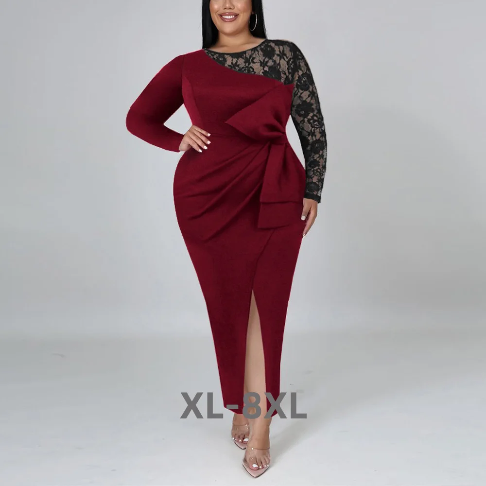 

Plus Size Dresses For Women Round Neck Full Sleeve High Waisted Bow Decoration Lace Patchwork Elegant Party Dress 3xl 4xl 5xl