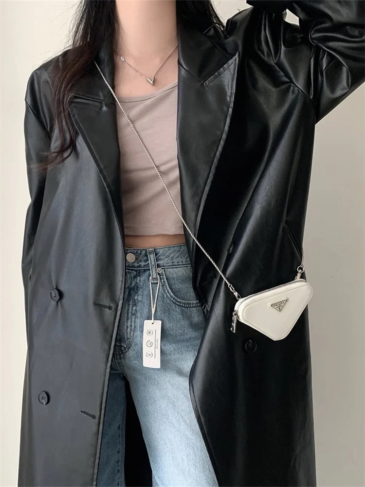 Женская модная шикарная черная длинная куртка из искусственной кожи женские