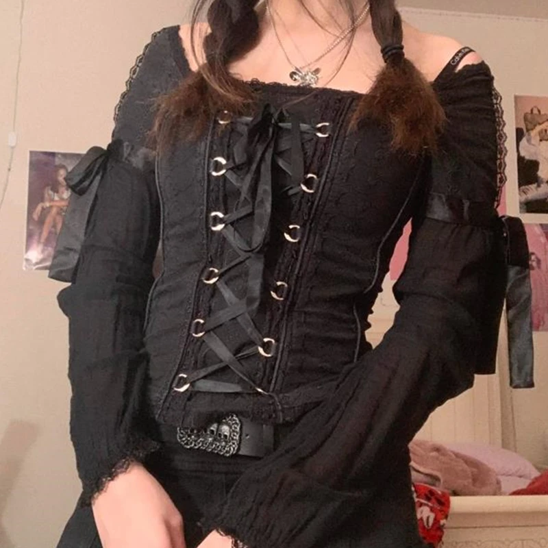 

2000s T Shirt Grunge Aesthetic Clothes Women Off Shoulder Lace Long Sleeve Tops y2k Lace Up Bandage Clothing Streetwear