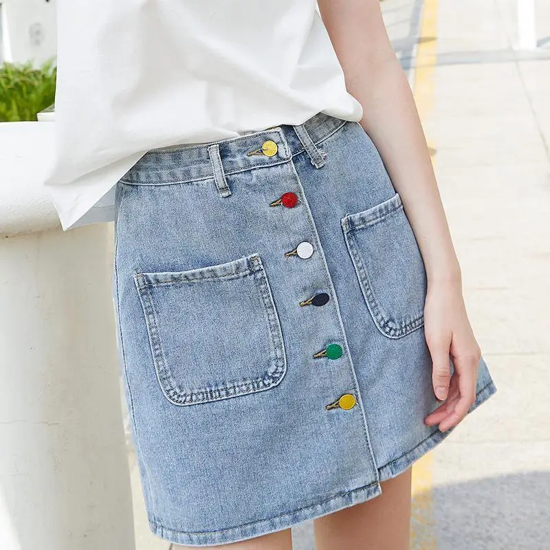 Джинсовая короткая юбка на пуговицах спереди Женская Весенняя винтажная