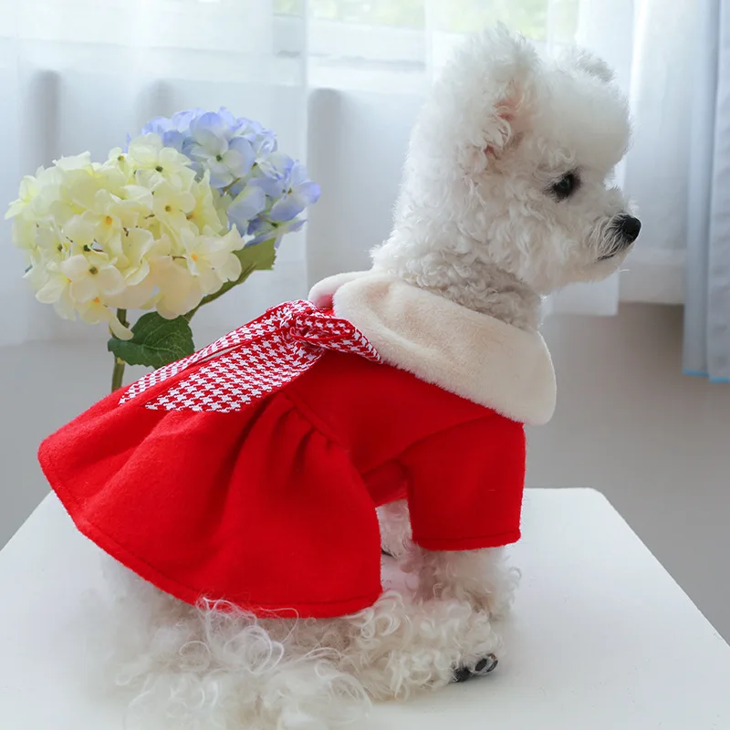 

Красное плотное платье с бантом, одежда для собак, меховой ошейник, одежда для маленьких собак, одежда для кошек, элегантная вечерние няя зим...