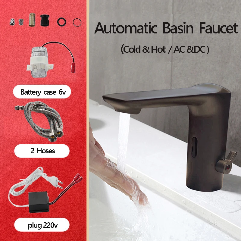 Gun grey color  automatic smart faucet basin taps body full brass copper mixer water cold & hot ac 220 v and dc battery power