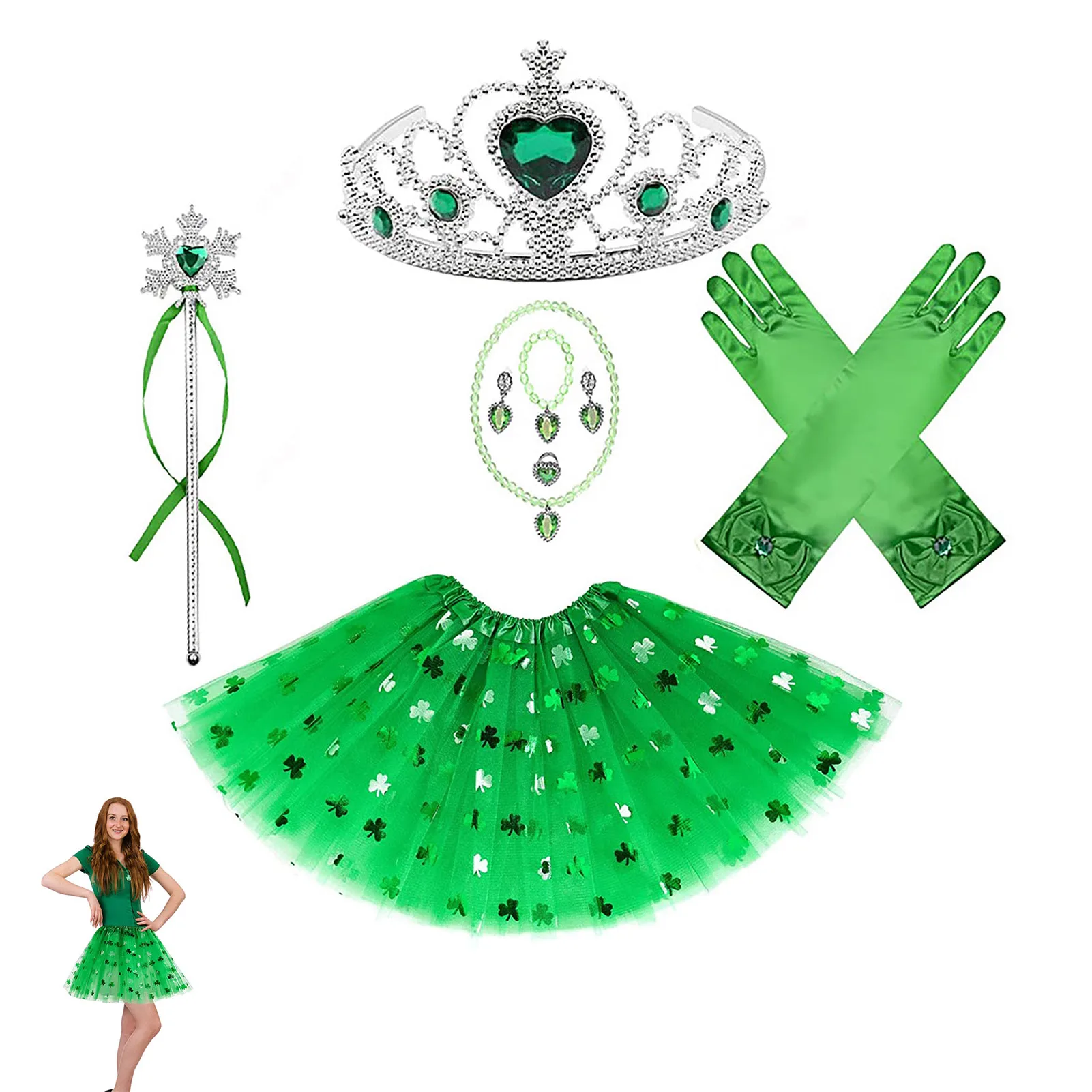 

Костюм принцессы с зеленым клевером, комплект из 10 предметов, включает юбку принцессы, корону, перчатки, волшебную палочку, ожерелье, кольцо