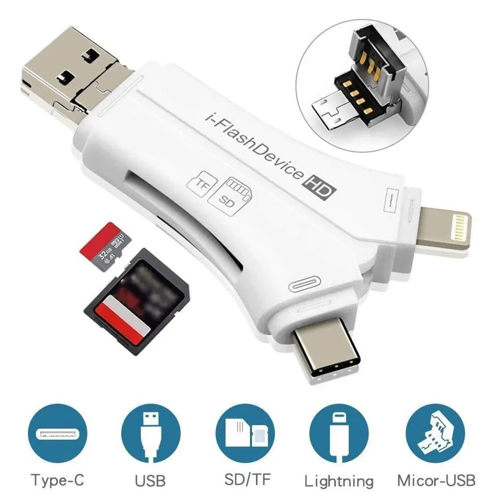 4 In 1 Micro Usb/Type-c/USB SD Card Reader for IPhone IPad Mac&Android for PC OTG Flash Drive Y-Shape Cardreader Adapter