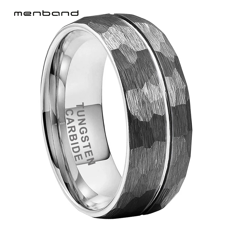 

Men Women Hammer Ring Tungsten Wedding band With Multi Faces Offset Grooved Brushed Finish 8MM Comfort Fit