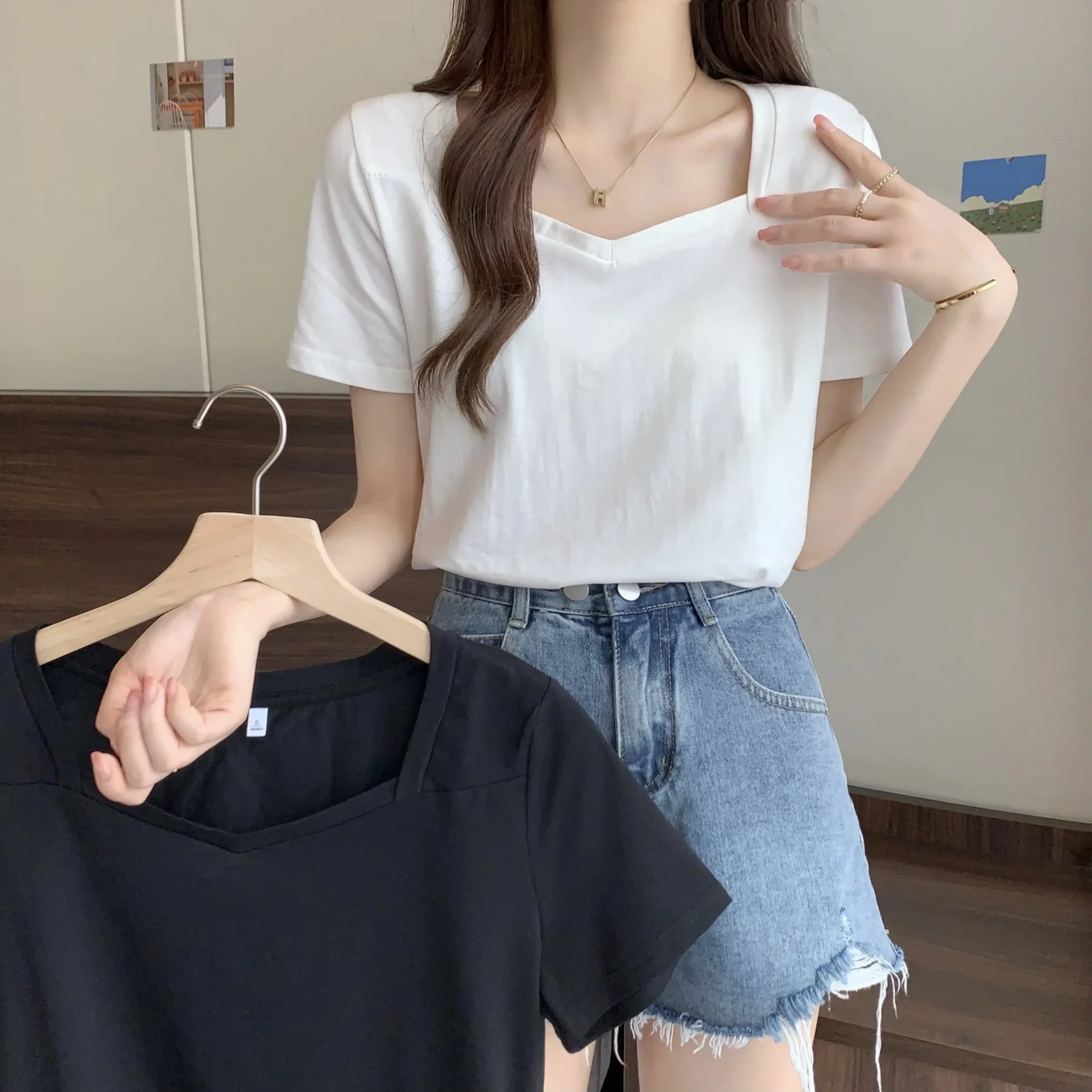 Новинка лета 2024 футболка с квадратным вырезом и коротким рукавом топ свободного