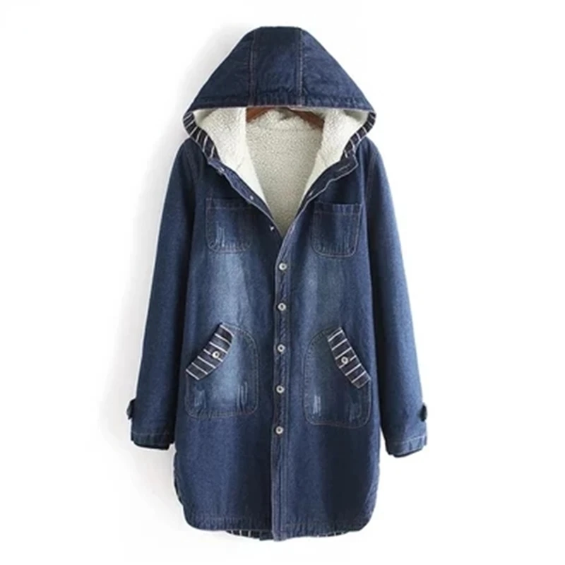 

Autumn Winter Denim Jacket Women Clothing Warm Hooded Jeans Coat Casual Female Long Windbreaker Outerwear