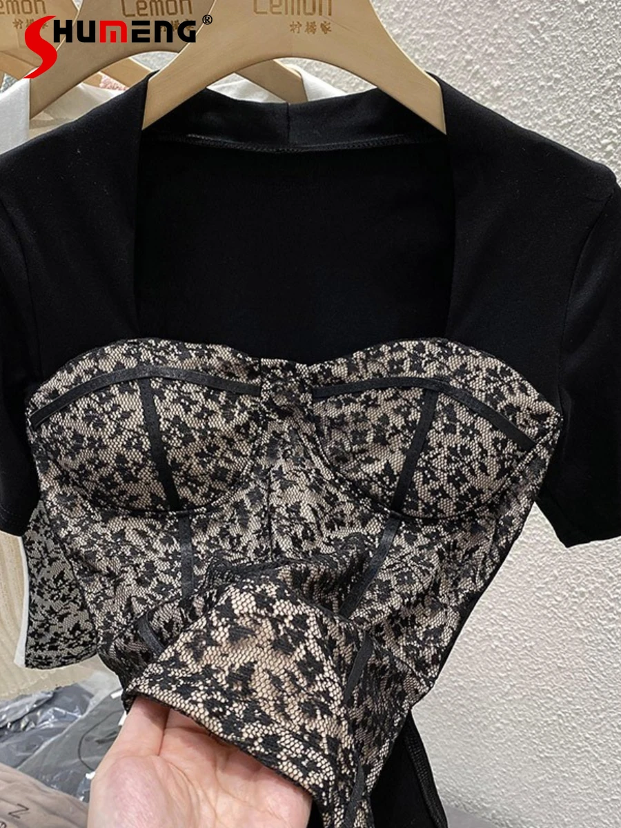 

Women's Short-Sleeved T-shirt Summer Stitching Lace Irregular Cinched Slimming Clothing Short Hot Girl Square Collar Top