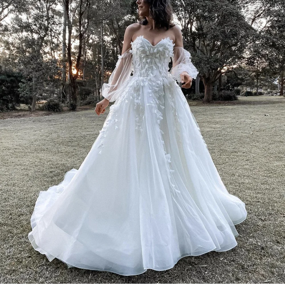

Wedding Dress A-Line Sweetheart Illusion Tulle Lantern Sleeve Off Shoulder Lace Flowers Floor Length Sweep Train Bridal Gowns